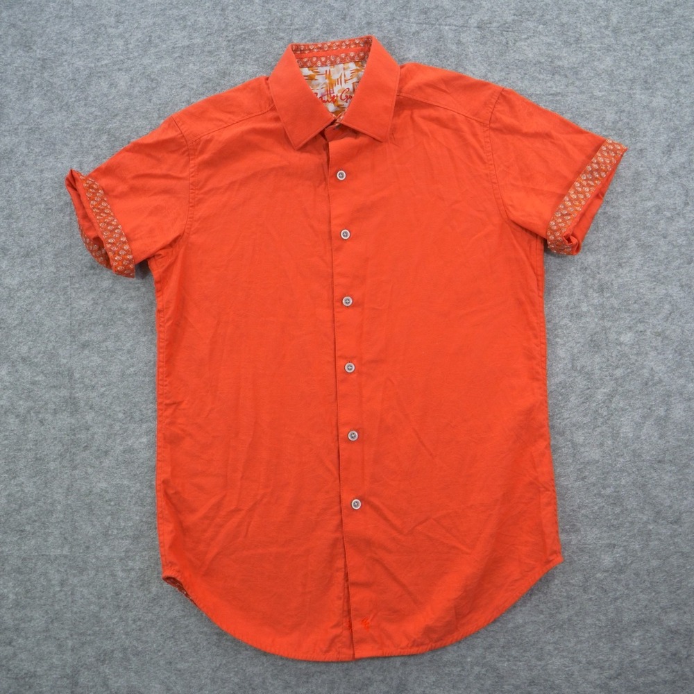 Robert Graham Shirt Mens Small Orange Jacqard Print Short Sleeve Flip Cuff